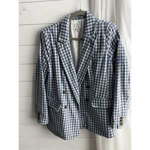 Free Assembly Blazer Womens L Blue White Check Double Breast Organic Cotton‎